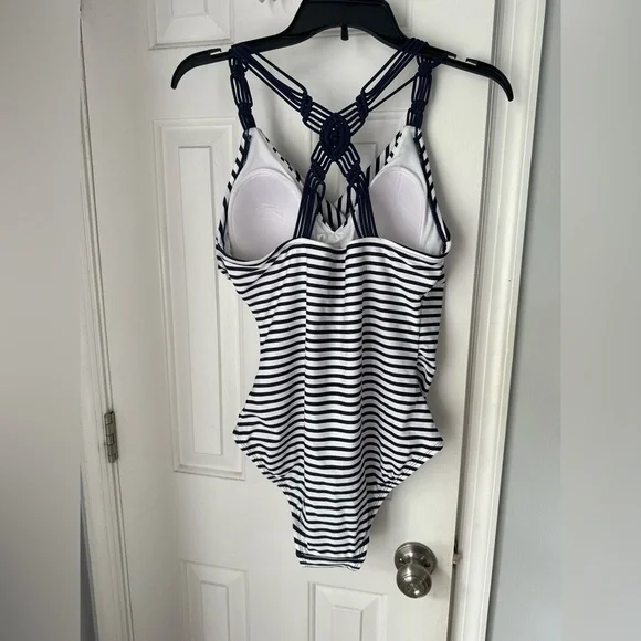 Women’s navy and white strip swimsuit - Picture 2 of 3
